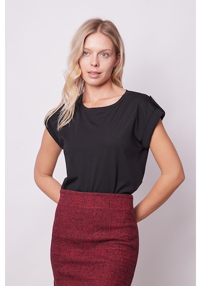 Jument Kadın Kaliteli Likrasız Span Kumaş Geniş Sıfır Yaka Duble Kollu Apoletli Düğmeli T-shirt Bluz-siyah Siyah