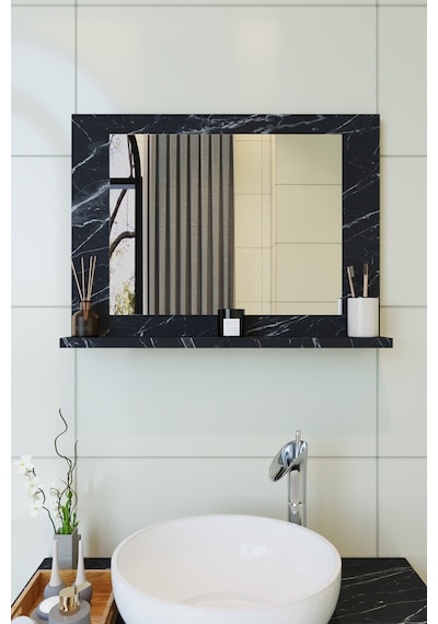Makbulce Yakut Raflı Dresuar Banyo Aynası 60 x 45 Mermer Beyaz - Siyah