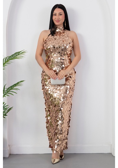 Kalopya Halter Yaka Büyük Pullu Elbise Abiye Ecr6094 Gold