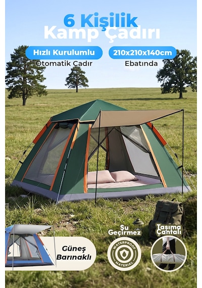 Auhma Outdoor Ac6636 6 Kişilik Otomatik Kamp Çadırı Yeşil 210x210x140 Cm Su Geçirmez Oxford Kumaş