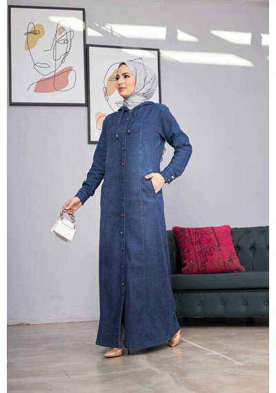 Neways 6509-denim Kapşonlu Ferace Koyu Mavi Koyu Mavi