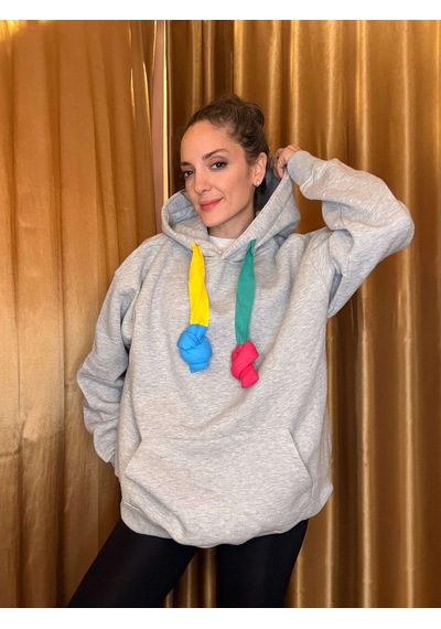 Ali Butik Renkli Kordon Detaylı Gri Sweatshirt Gri