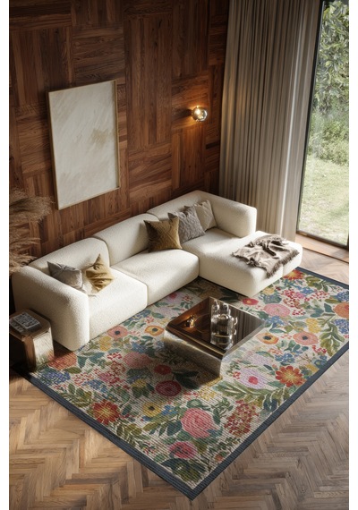 Fiora 222 Lacivert Bej Çiçekli Halı Yıkanabilir Halı İnce Kilim Halı Hol Yolluk Ev Oda Salon Halısı Bej Lacivert