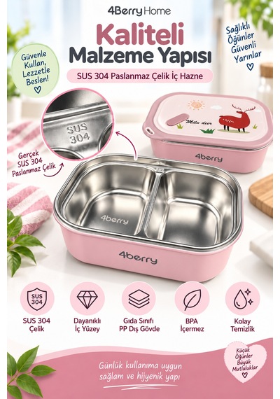 2 Bölmeli Yemek Termosu - Pembe Geyik Desenli Beslenme Kabı - 1000 Ml, Sızdırmaz, Kaşıklı, Paslanmaz Çelik