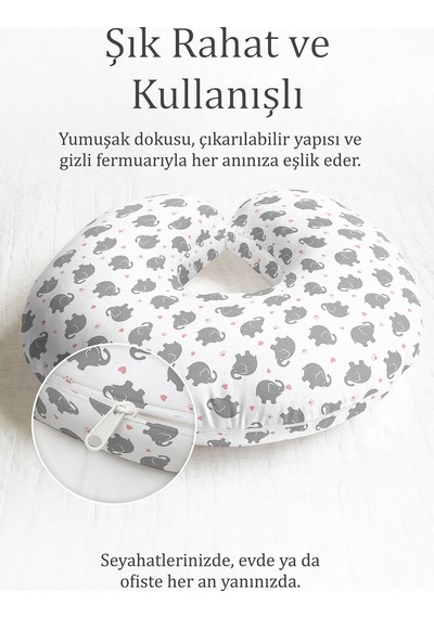 Fil Desenli Pamuklu Boyun Yastığı - Sevimli Gri Pembe Çocuk & Yetişkin Seyahat Yastığı Açık Okyanus Antrasit