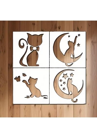 4 Adet Sevimli Kedi Şablonu, Yeniden Kullanılabilir, Duvar Boyama, Kumaş Boyama, Cam Sanatı