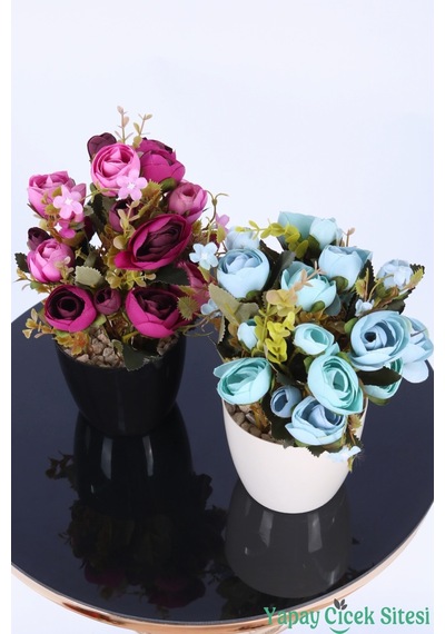 Yapay Çiçek Sitesi Plastik Saksıda Yapay Ranunkulus Tanzimi 2'li Set 30 Cm Mor Pembe - Turkuaz