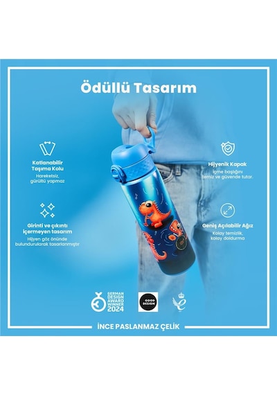 Ion8 - Paslanmaz Çelik İnce Suluk - Şarkıcı Dinozor - 600 Ml - Sızdırmaz Çok Renkli