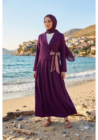 Lovie Moda Ceket Çapraz Bağlamalı Fular Detaylı Mor