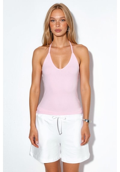 Hiccup Busem Slim Fit Halter Yaka Jarse Bluz Toz Pembe