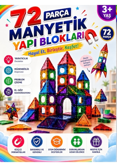 72 Parça Manyetik Yapı Blokları Eğitici Mıknatıslı İnşa Oyuncağı 3+ Yaş Çocuk Gelişim Oyuncağı