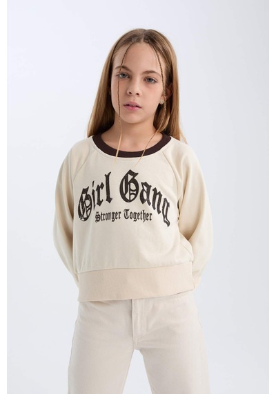 DeFacto Kız Çocuk Relax Fit Bisiklet Yaka Baskılı İçi Yumuşak Tüylü Sweatshirt D7042A824WNBG734 Bej