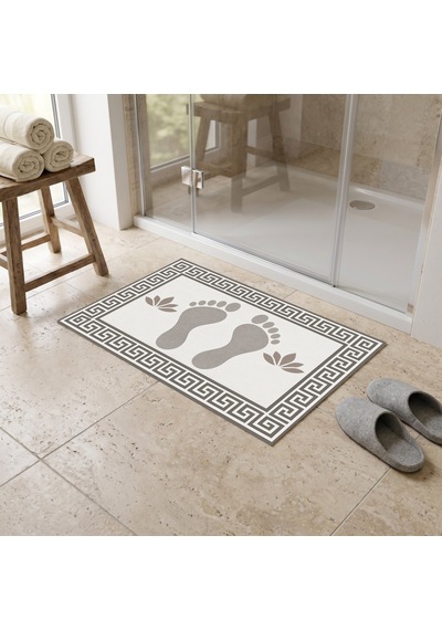 Kartela Halı Ayak İzi Desenli Banyo Paspası Açık Gri Kaymaz Taban Makinede Yıkanabilir 60x90 Cm