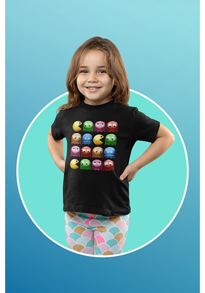 Sevbano Pacman Oyun Baskılı Unisex Çocuk Tişört 1-12 Yaş Siyah