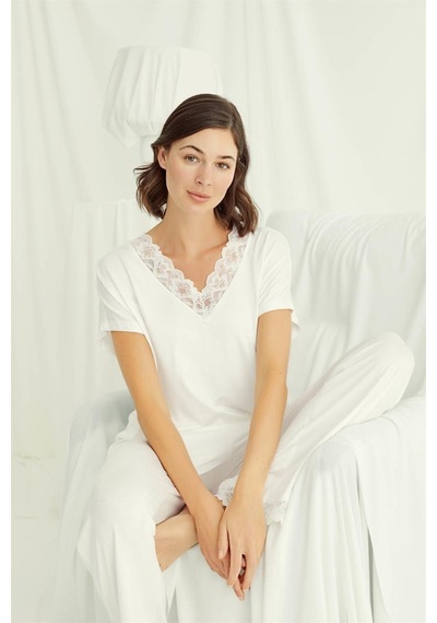 Monamise Kadın Kısa Kollu V Yakalı Dantelli Pijama Takımı 18513-ekru Ekru