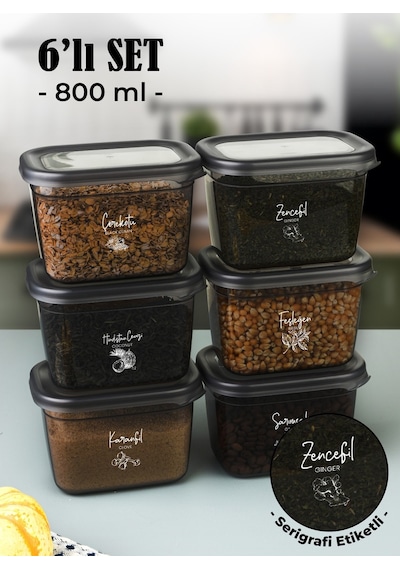 Vienev Beyaz Serigrafi Etiketli 6lı Peggy Dikdörtgen Baharatlık Seti 800 Ml Antrasit Beyaz