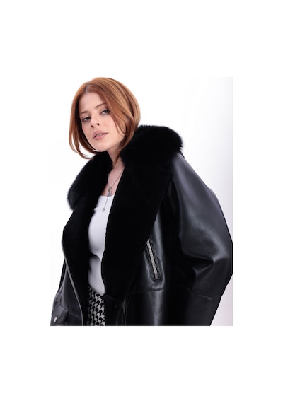 M M Marki Marki Hakiki Deri Kadın Mont Siyah İçi Kürklü Fermuarlı Regular Fit 67 Cm Kürklü Yaka - 119722