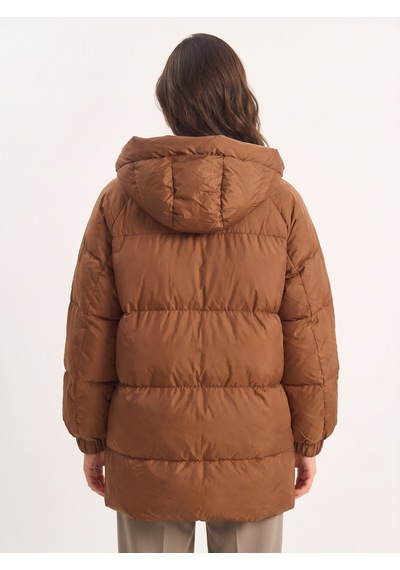 Onloox Kadın Kahverengi Kahverengi Polyester Yarasa Kol Oversize Kapüşonlu Detaylı Fermuarlı Şişme Mont