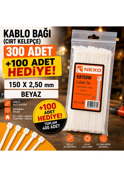 100x2,50mm Kablo Bağı Cırt Kelepçe Beyaz 300 Adet +100 Adet Hediye 150x2,50mm