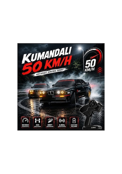 Uzaktan Kumandalı 50 Km/hız Yapan Rc Araba, Bmw E30 Full İç Şarjlı Fonksiyonlu Yarış Arabası Gümüş - Siyah