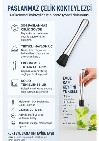 Çelik Kokteyl Muddler Barware Mojito Kokteyl Tokmağı Cin511slv Ahşap - Beyaz