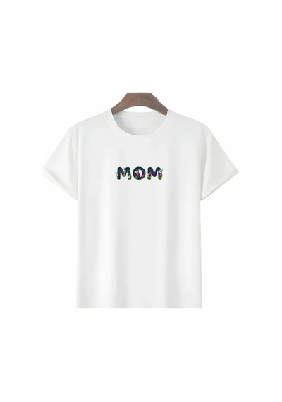Hazego Anneler Günü Hediye Mom Çiçek Baskılı Oversize Bisiklet Yaka T-shirt - Beyaz