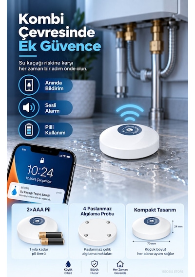 Wifi Su Baskını Ve Kaçak Sensörü Fonri, Tuya, Smart Life, Google Assistant, Amazon Alexa Destekli