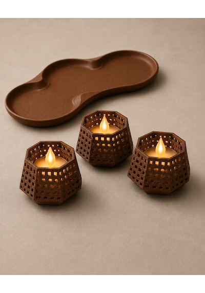 3d Baskı Dekoratif Mumluk Seti - Desenli Tealight Ve Masaüstü Aydınlatma Objesi-kahverengi Çok Renkli