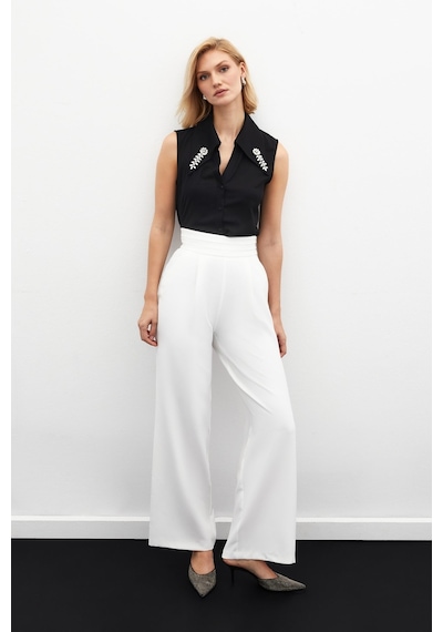 Sateen Bel Detaylı Cepli Pantolon - Ekru