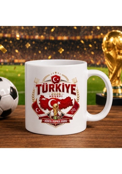 Bk Gift Türkiye Taraftar Temalı Dünya Futbol Kupası Tasarımlı Beyaz Kupa Bardak-2 Tek Yürek Milli Takım Ruhu