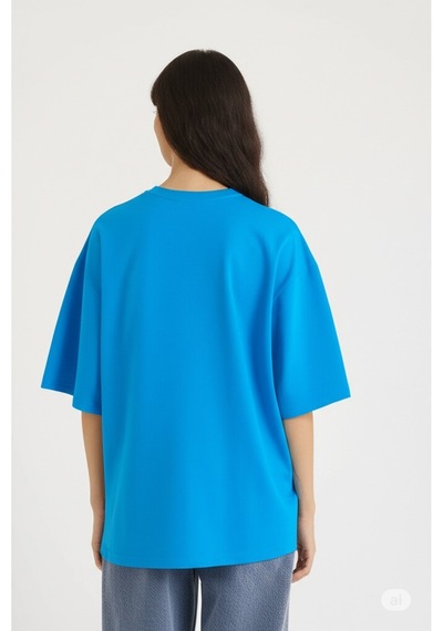 Oversize Tişört Kadın "nevermınd" Baskılı Geniş Kalıp T-shirt U Mavi