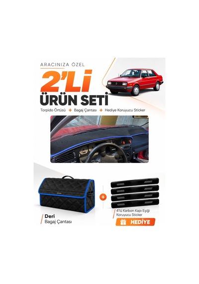 Volkswagen Jetta 1991-1997 Uyumlu Torpido Örtüsü + Deri Bagaj Çantası + Sticker Seti - Siyah Mavi