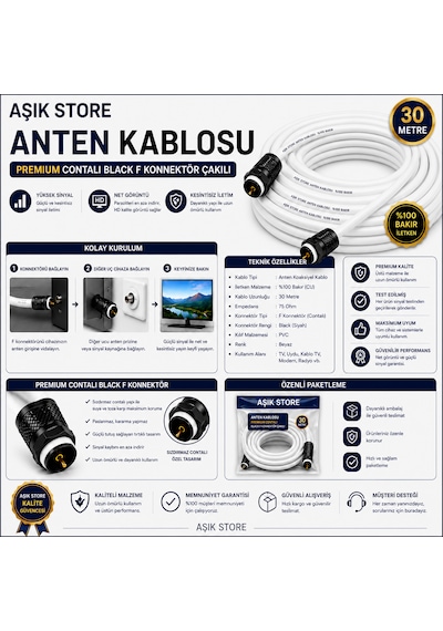 30 Metre Premium Anten Kablosu %100 Bakır İç İletken Contalı Black F Konnektör Çakılı Koaksiyel Tv Uydu Kablosu