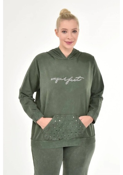 Mia Butik Kadın Büyük Beden İtalyan Yıkama Haki Kapşonlu Sweatshirt Haki