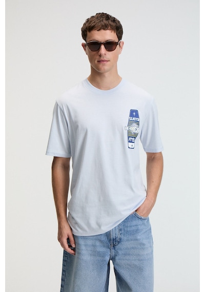 Grımelange SAVOR Erkek Oversize %100 Pamuk Baskılı Yuvarlak Yaka Mavi T-Shirt