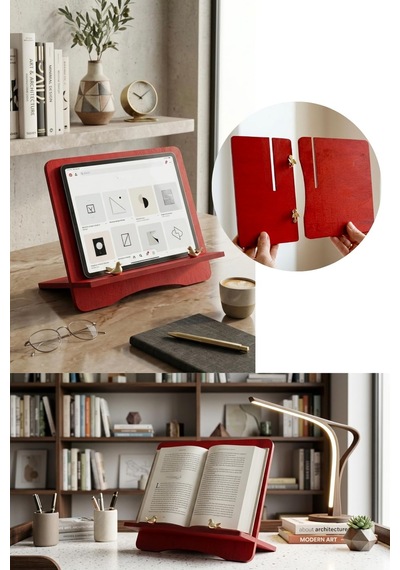 Kırmızı Ahşap Kitap Tablet Standı Kuş Detaylı