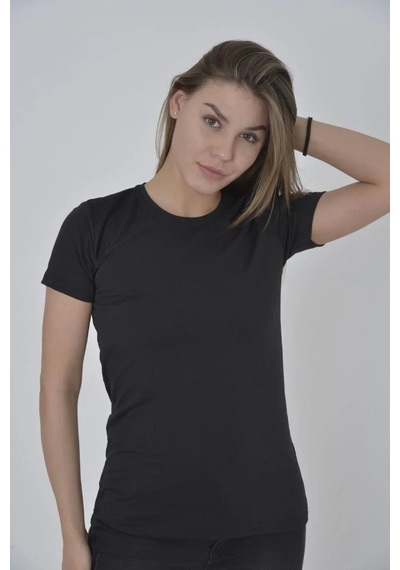 Kadın Omuz Fileli T-shirt Kısa Kol Bisiklet Yaka Slimfit Tişört - Siyah Siyah