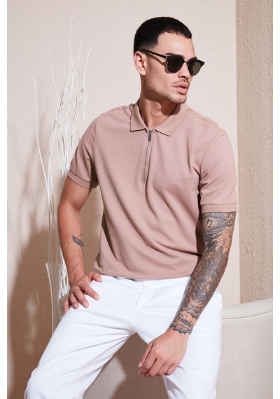 Buratti Pamuklu Regular Fit Fermuarlı Erkek Polo Yaka T Shirt 5902915 Pudra