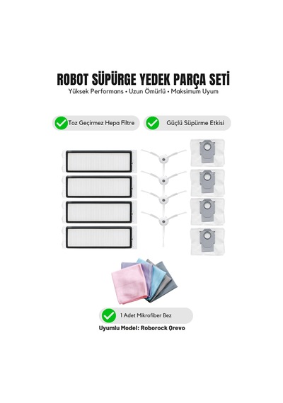 Roborock Qrevo İle Uyumlu 4 Beyaz Yan Fırça 4 Filtre 4 Toz Torbası 1 Temizlik Bezi 14.0