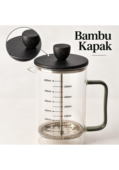 Siyah Bambu Kapaklı French Press, 600 Ml Ölçülü Borosilikat Cam Kahve Ve Bitki Çayı Demliği, Siyah Cam Kulplu Diğer