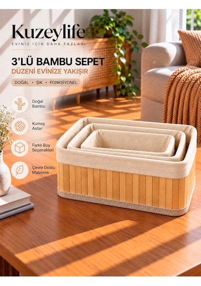 Kuzeylife Bambu Trio Dikdörtgen 3lü Sepet Seti Kahverengi