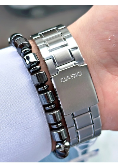 Casio Gümüş Renk Siyah Kadran Bronz İndeks   Çelik Kordon Erkek Kol Saati + Bileklik Hediyeli Nda100