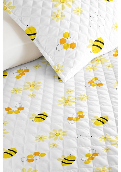 Evimde Bambaşka Arı Ve Çiçek Çocuk Odası Tek Kişilik Pike Takımı - Beyaz Minimal 160x220  CM Kapitone Yatak Örtüsü