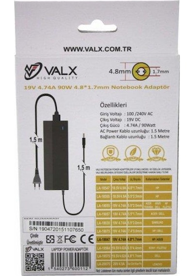 Valx La-19047 19Volt 4.74A 90W 4.8X1.7 MM Notebook Adaptör
