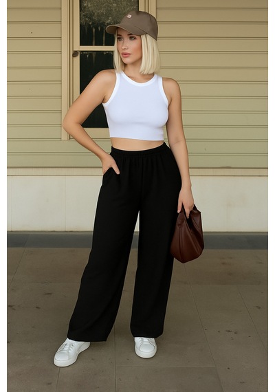 Trendy Mall Sofya Keten Bol Kesim Pantolon Siyah Siyah