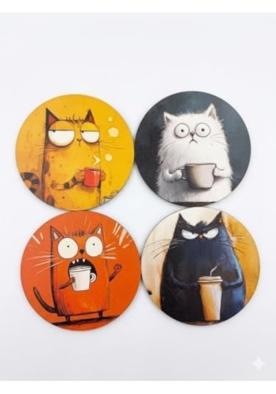 Komik Kedi Tasarımlı Yuvarlak Bardak Altlığı, 4'lü Set,renkli 1