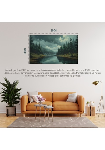 Doğa Ve Manzara Yatay Yoğun Ağaçlar Ve Gizli Göl, Sisli Vadi, Gizemli Ruh Hali Soluk Renkler 02 Çerçevesiz 90x60cm Pvc Tablo