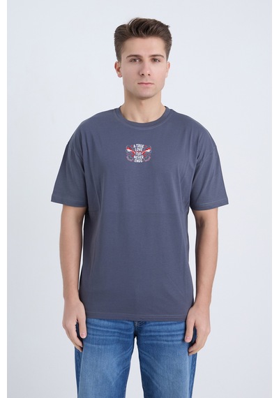 Velvoria Unisex Oversize A True Love Baskılı Antrasit Renk T-shirt