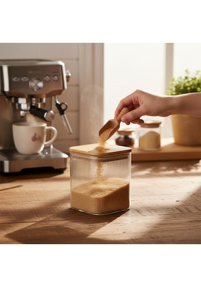 Bambu Kapaklı Kare Cam Kavanoz 350 Ml, Sızdırmaz Contalı, Şeffaf Çizgili Tasarım, Çok Amaçlı Saklama Kabı Çok Renkli