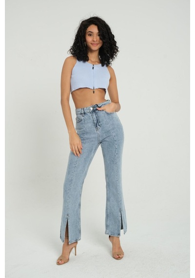 Hiccup V Yaka Fitilli Örme Fermuarlı Crop Top Mavi